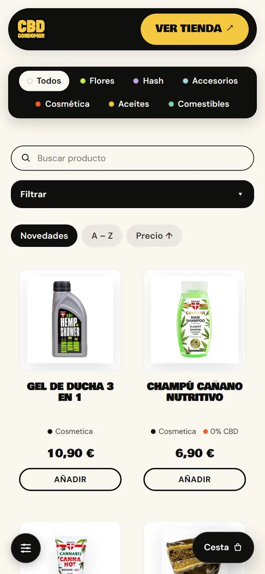 Catálogo de la tienda CBD Gondomar en un móvil, con filtros por categoría