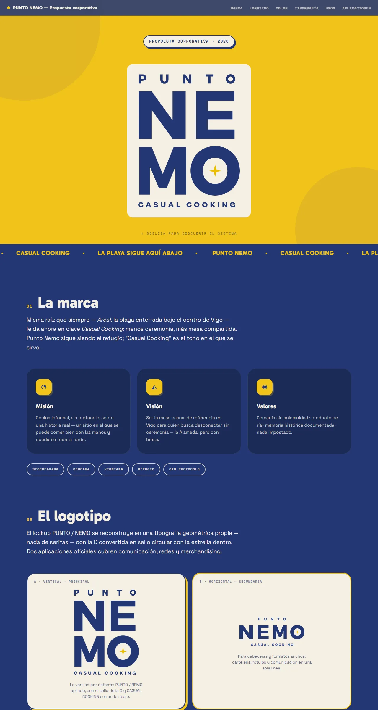 Manual de marca de Punto Nemo de arriba abajo: logotipo azul sobre amarillo, la marca, valores y variantes del logotipo
