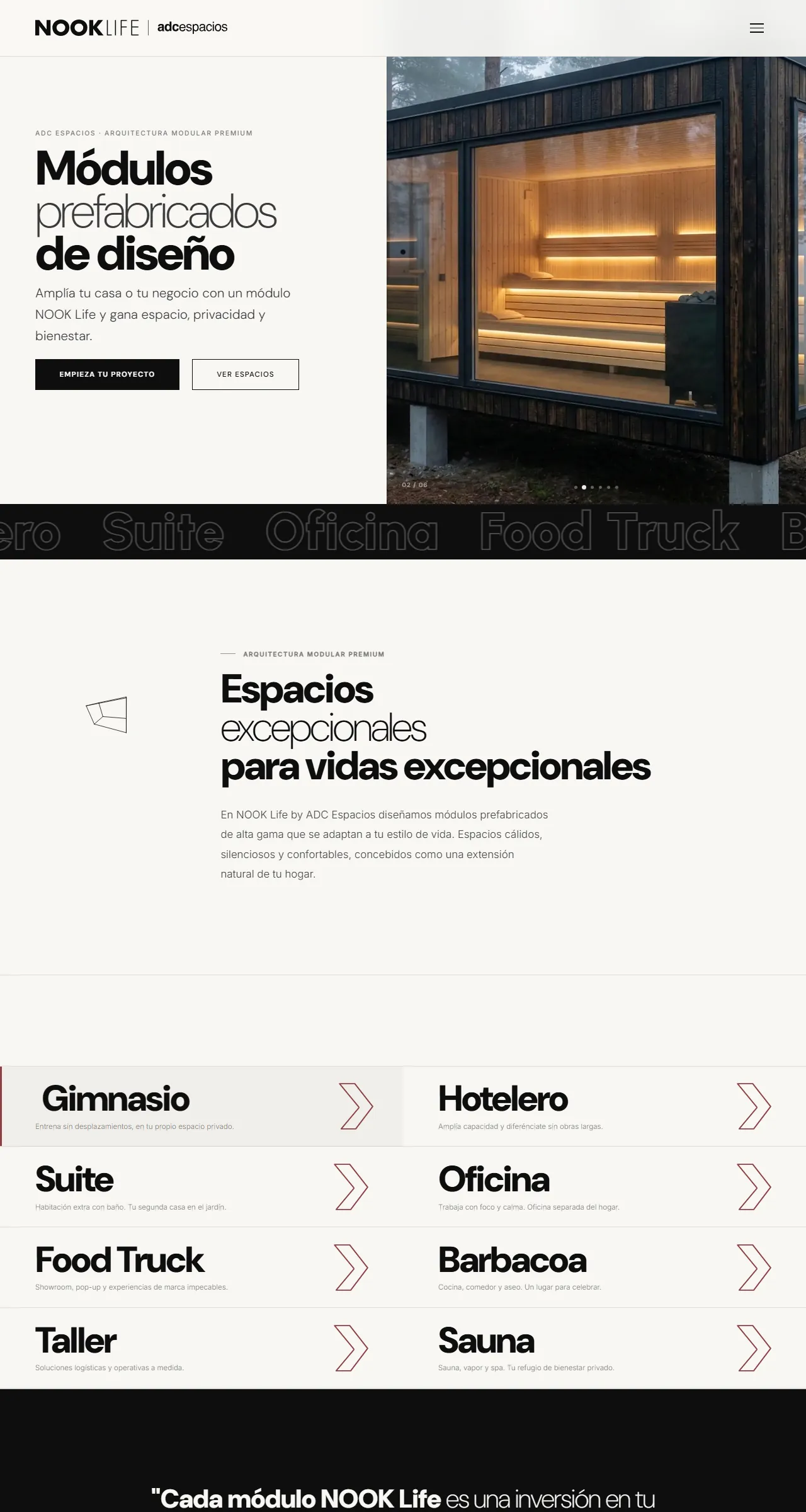 Web de NOOK Life de arriba abajo: portada con el módulo de madera, presentación y tipos de módulo