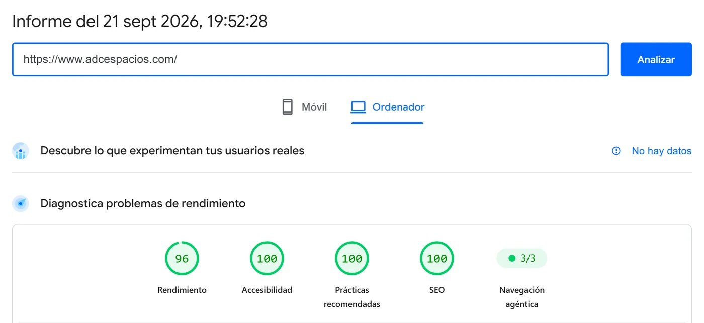 Captura del informe de PageSpeed Insights de adcespacios.com del 21 de septiembre de 2026 en ordenador: rendimiento 96, accesibilidad 100, prácticas recomendadas 100 y SEO 100