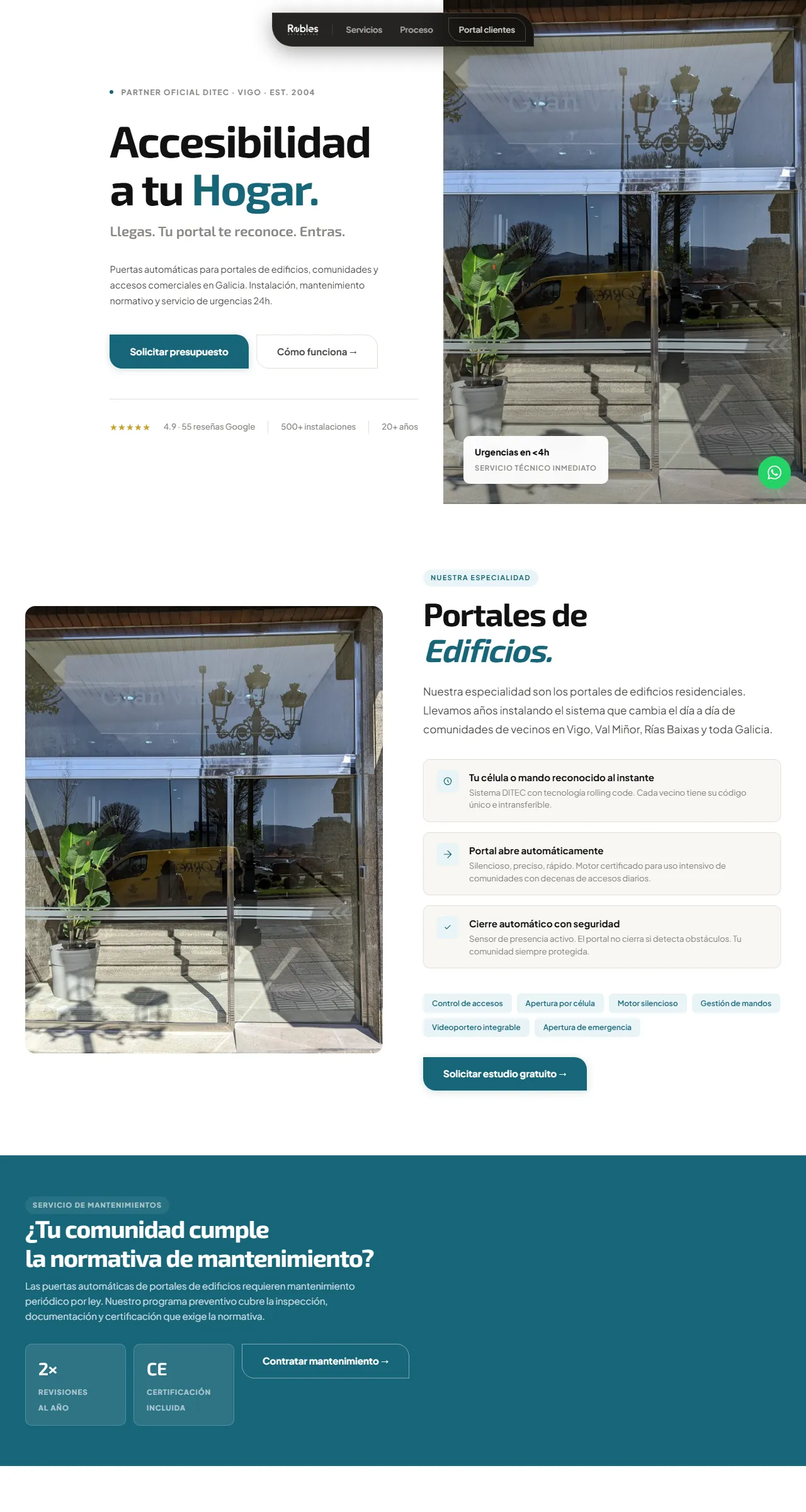 Web de Robles Automation de arriba abajo: el titular Accesibilidad a tu hogar, portales de edificios y mantenimiento