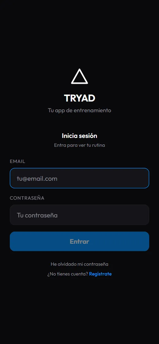 Pantalla de inicio de sesión de TRYAD en un móvil