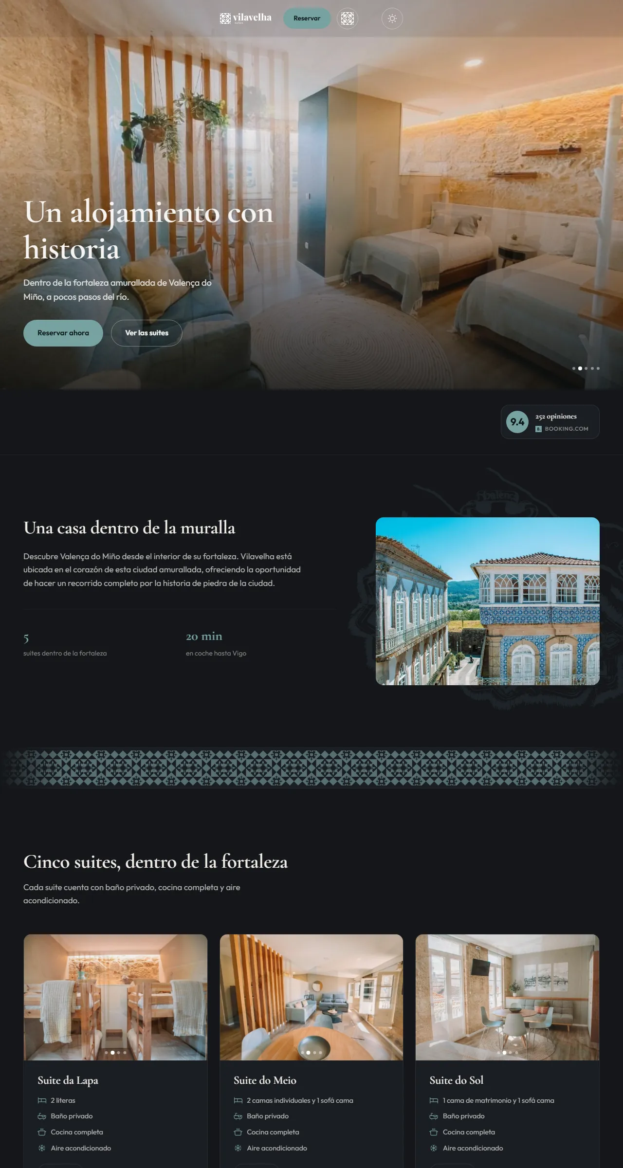 Web de Vila Velha Suites de arriba abajo: habitación con muro de piedra, la casa dentro de la muralla y las suites